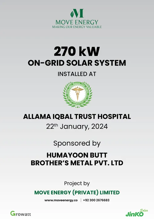 Move Energy — project nameplate, 270 kW system at Allama Iqbal Trust Hospital